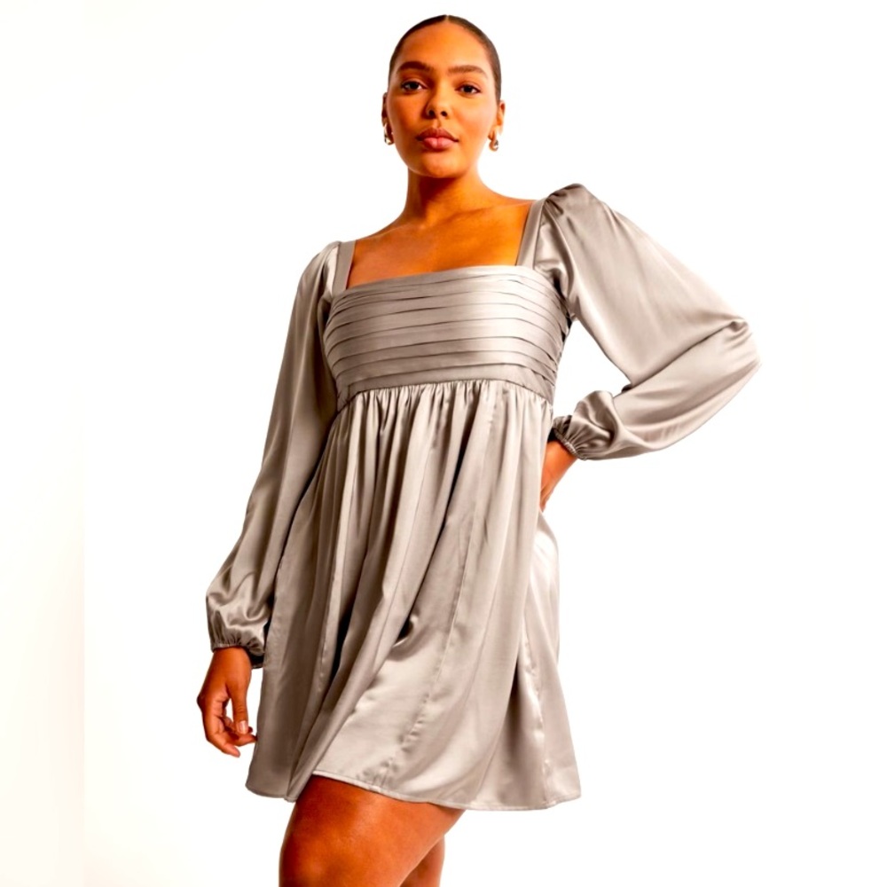 NWOT Abercrombie Emerson Satin Long Sleeve Mini Dress in Taupe XST